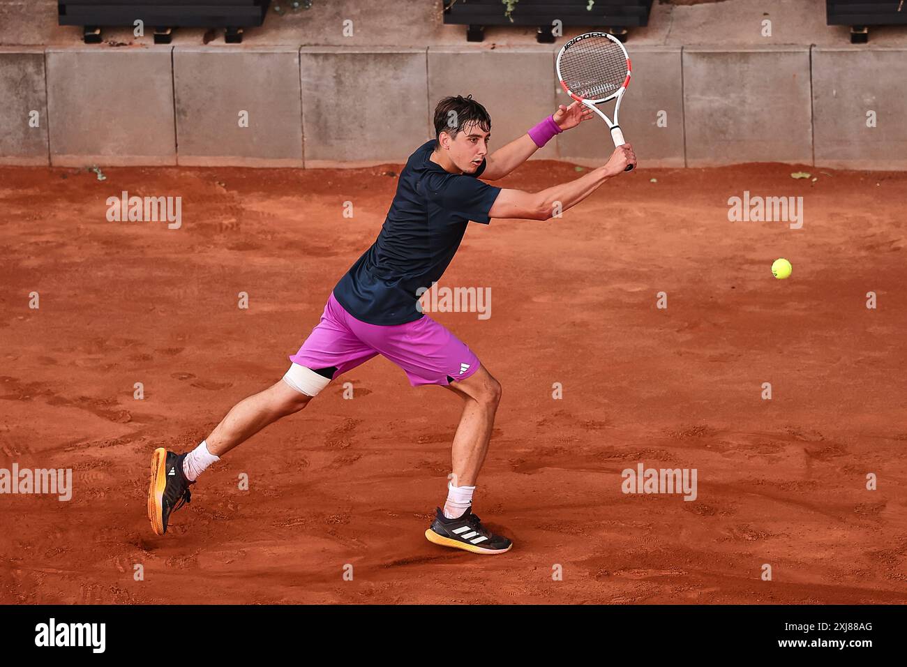 Hamburg, Hamburg, Germany. 15th July, 2024. Alexander Shevchenko (KAZ) returns with backhand during the HAMBURG OPEN - ATP500, Mens Tennis (Credit Image: © Mathias Schulz/ZUMA Press Wire) EDITORIAL USAGE ONLY! Not for Commercial USAGE! Stock Photo