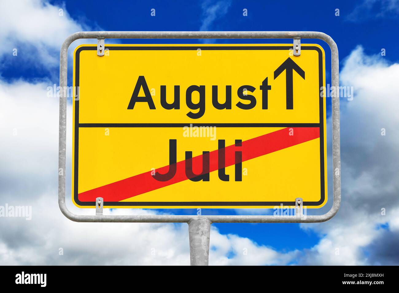 16 July 2024: Town sign with the month of July and August. Symbolic image of the beginning and end of the month. PHOTOMONTAGE *** Ortsschild mit dem Monat Juli und August. Symbolbild Monatsanfang und Monatsende. FOTOMONTAGE Stock Photo