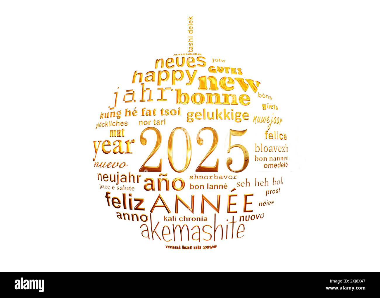 2025 new year multilingual text word cloud greeting card in the shape of a christmas ball