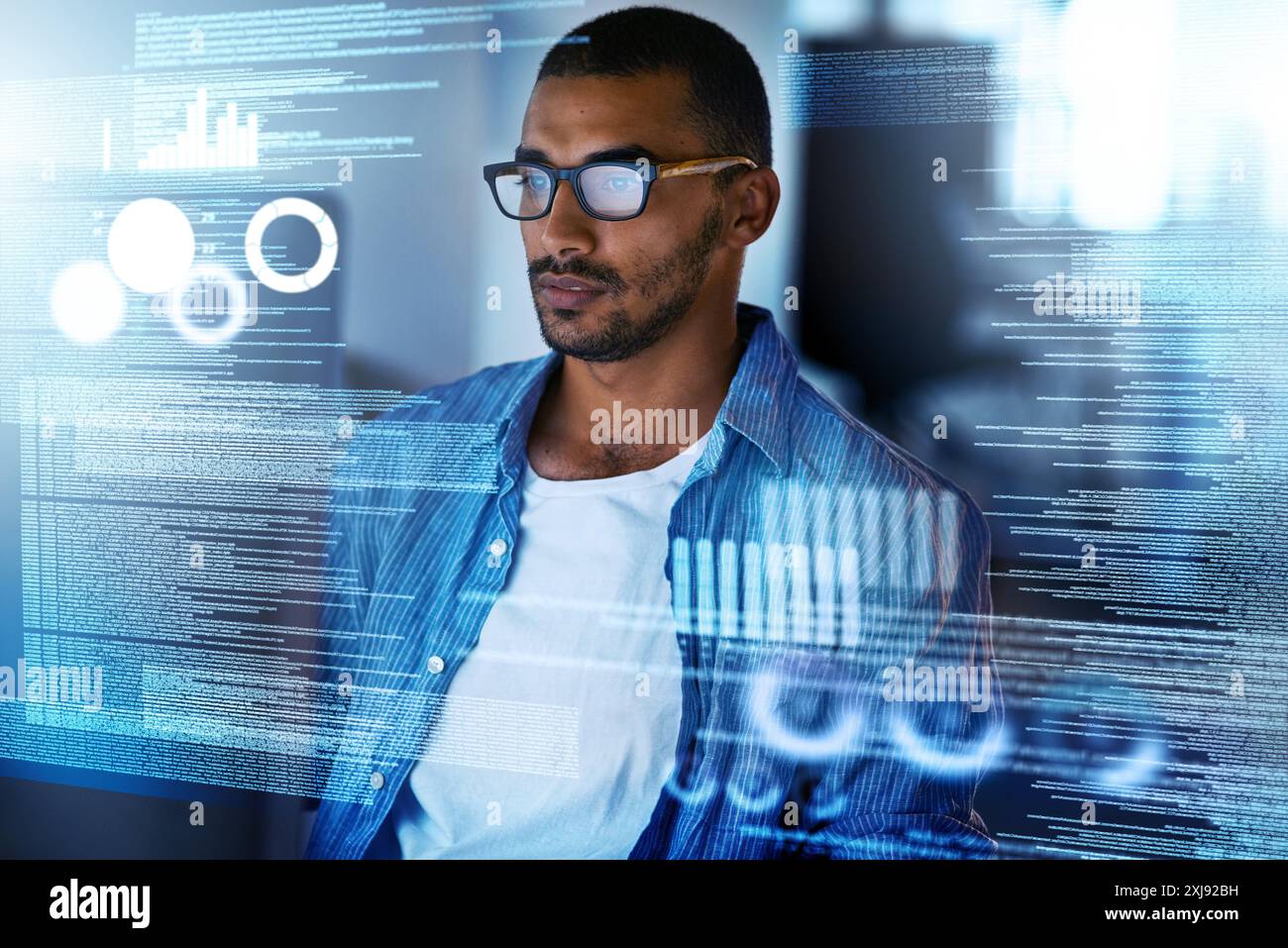 Programmer, overlay and man on screen for coding, website development and programming. Cloud research, technology or IT technician typing code for Stock Photo