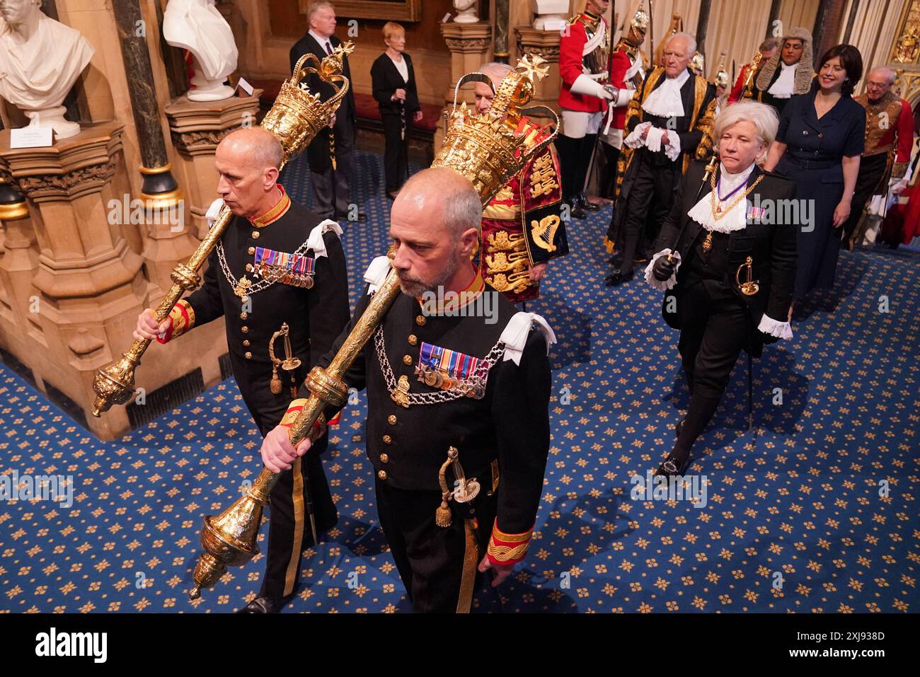 Black Rod Sarah Clarke (right) arrive for the State Opening of Parliament in the House of Lords, at the Palace of Westminster in London. Picture date: Wednesday July 17, 2024. Stock Photo