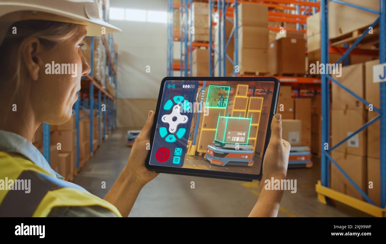 Future Technology Concept: Female Worker Holding Tablet With AR Remote ...