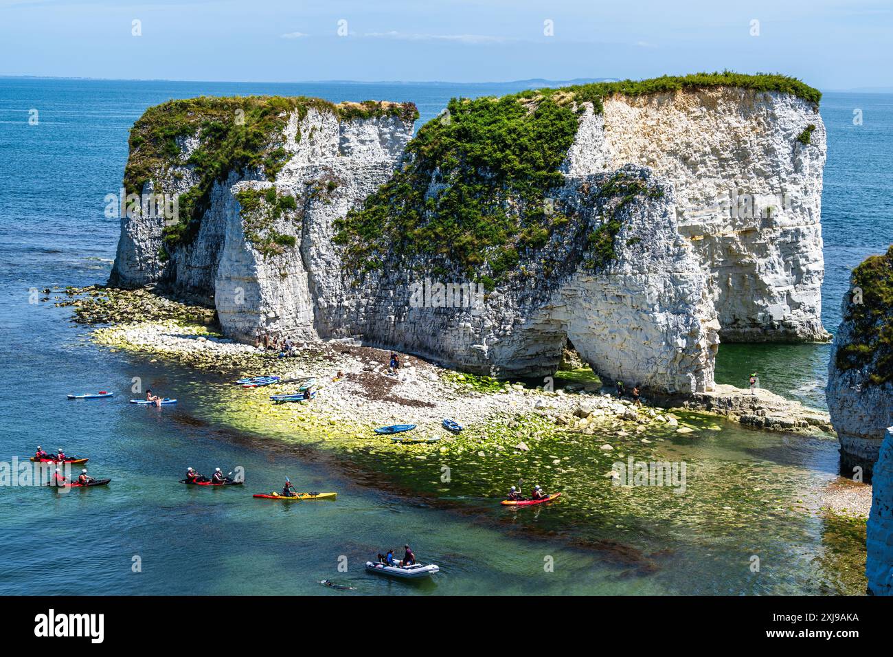 People on kayaks, White Cliffs. Old Harry Rocks Jurassic Coast, Dorset ...