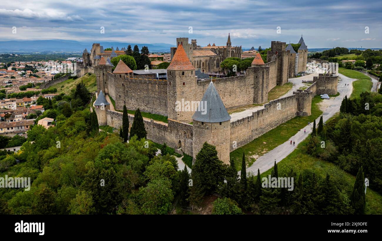 Aerial of the Cite de Carcassonne citadel, UNESCO World Heritage Site ...