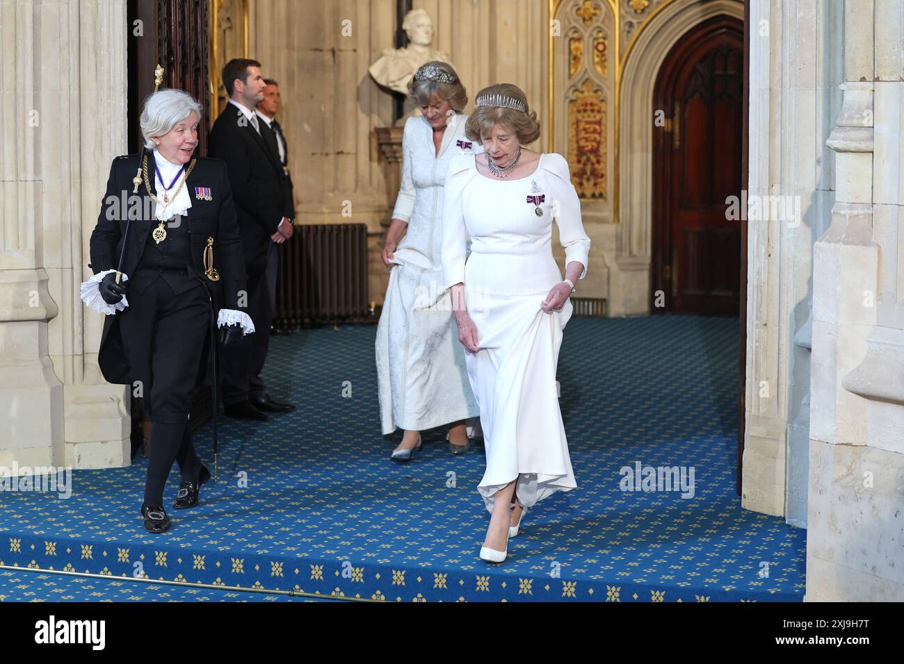 The Lady Usher of the Black Rod, Sarah Clarke and Lady Sarah Keswick after attending the State Opening of Parliament in the House of Lords, at the Palace of Westminster in London. Picture date: Wednesday July 17, 2024. Stock Photo