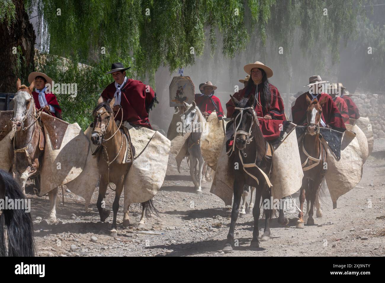 A female gaucho in traditional red Salteño poncho rides at the head of ...