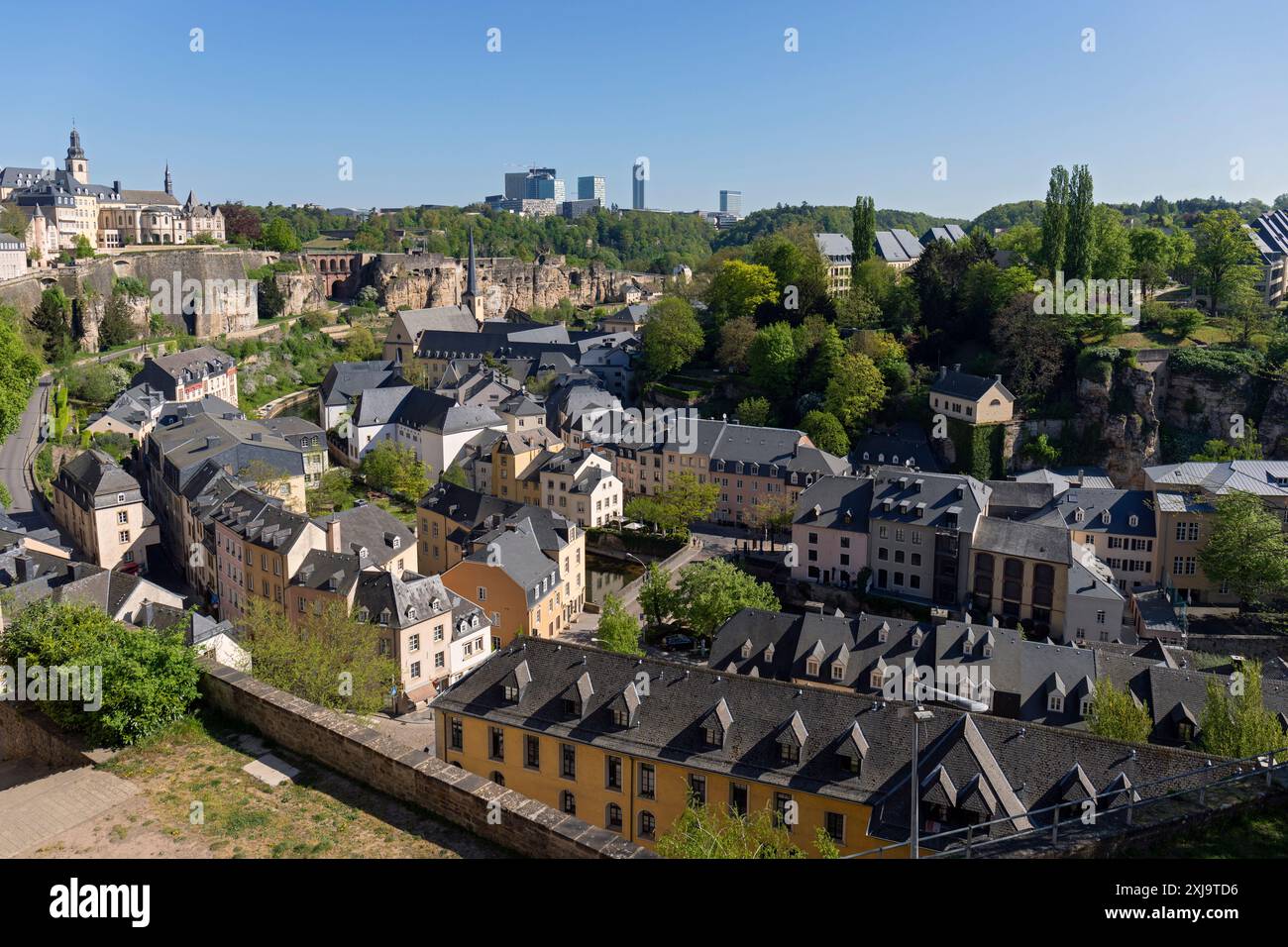 Europe, Luxembourg, Luxembourg City, Views across the Old Town and the Alzette Gorge towards the Plateau de Kirchberg Stock Photo