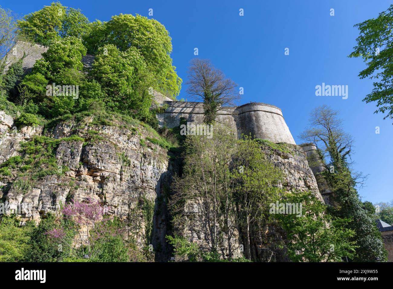 Europe, Luxembourg, Luxembourg City, The Holy Ghost Citadel (Citadelle du Saint-Esprit) from Vallé de la Pétrusse Stock Photo