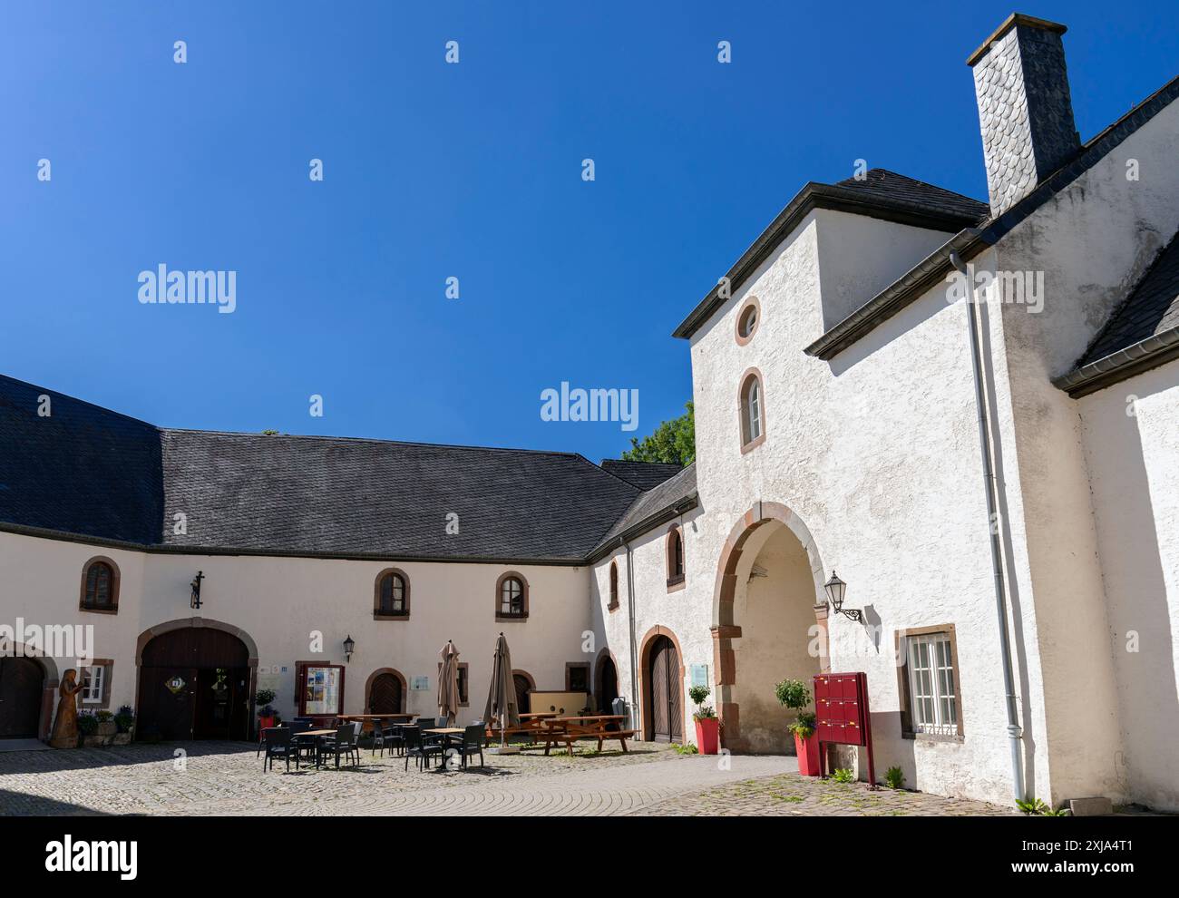 Europe, Luxembourg, Wiltz, Schlass Wolz (Wiltz Castle) and the Stables housing the Museums of Tanning and Brewing (Closed during Covid-19 Lockdown) Stock Photo