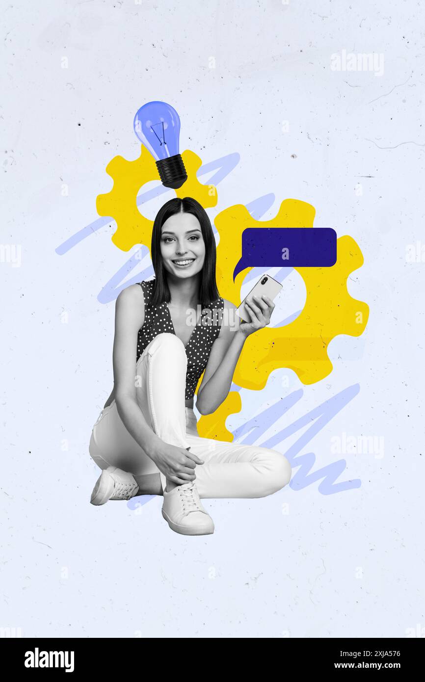 Collage artwork sketch of smilng happy woman sitting chatting isolated on drawing creative background Stock Photo