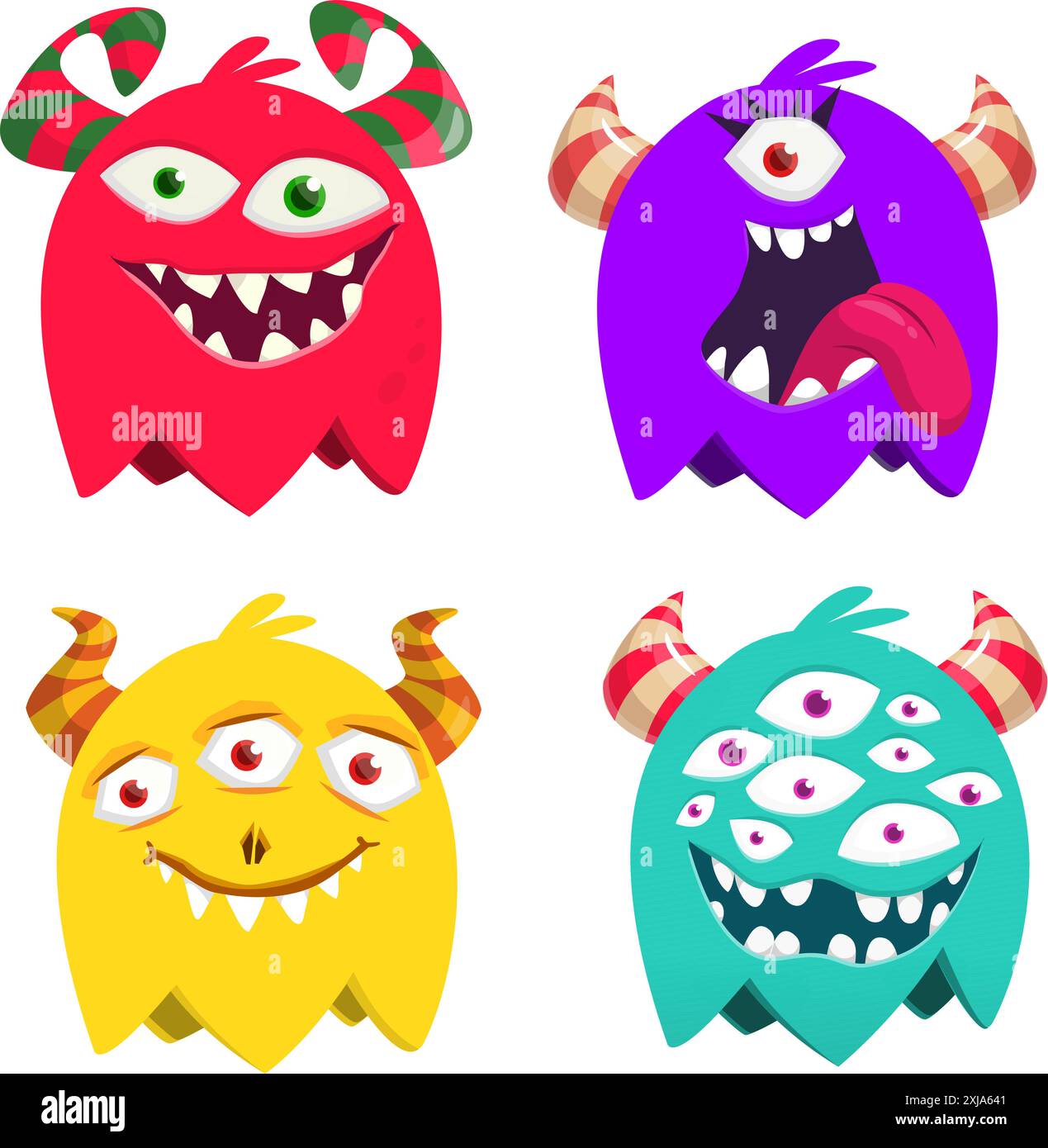 Funny cartoon smiling monsters set. Illustration of cute and happy mythical aliens, ghosts and other creatures. Vector isolated Stock Vector