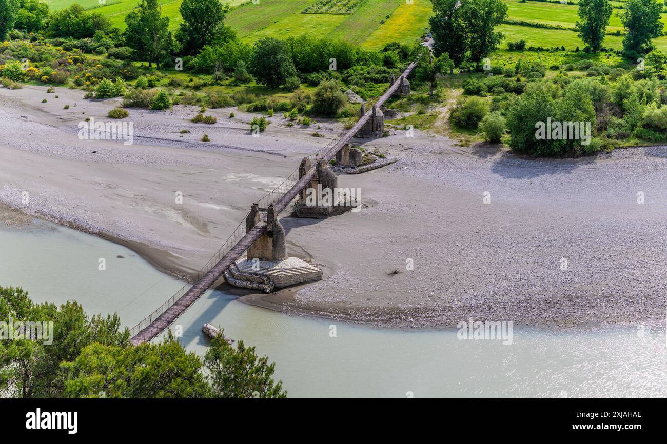 A close up view above the Ali Pasha Bridge over the Vjosa river in Tepelena, Albania in summertime Stock Photo