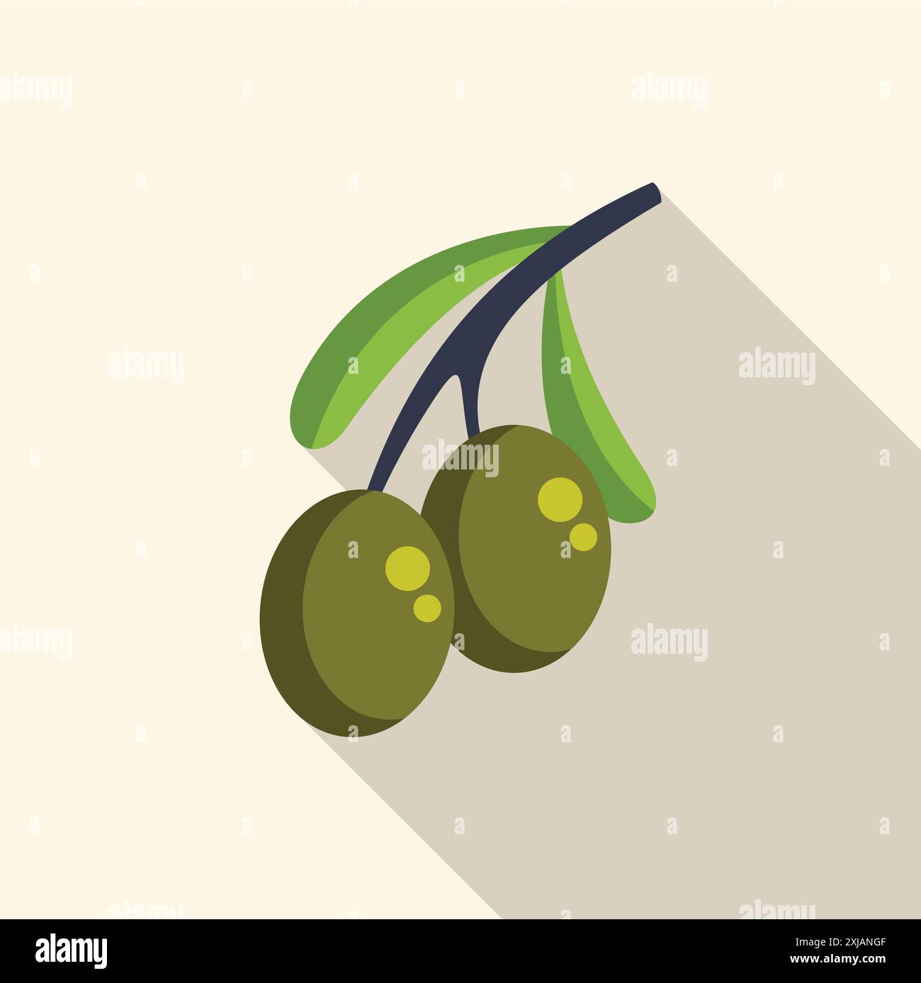 Two olives hanging from an olive branch with green leaves Stock Vector