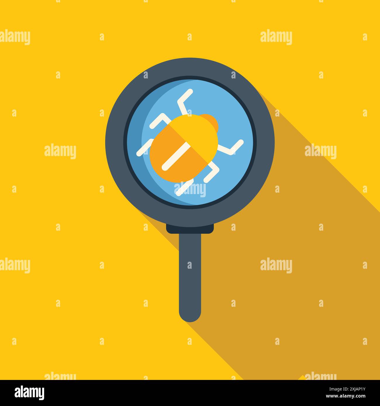 Magnifying glass showing a bug, representing software development and website debugging Stock Vector