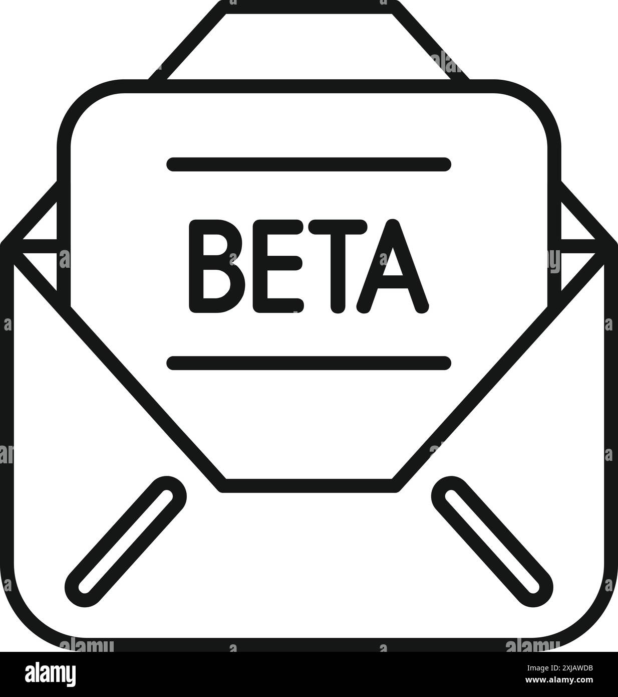 Open envelope containing a document with beta written on it, representing beta testing phase Stock Vector