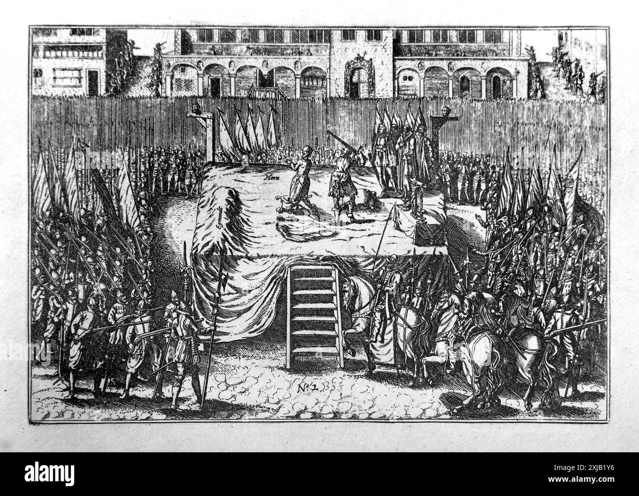 Counts Egmont and Horn beheaded on scaffold before the Town Hall on the Grand-Place at Brussels in 1568 Stock Photo