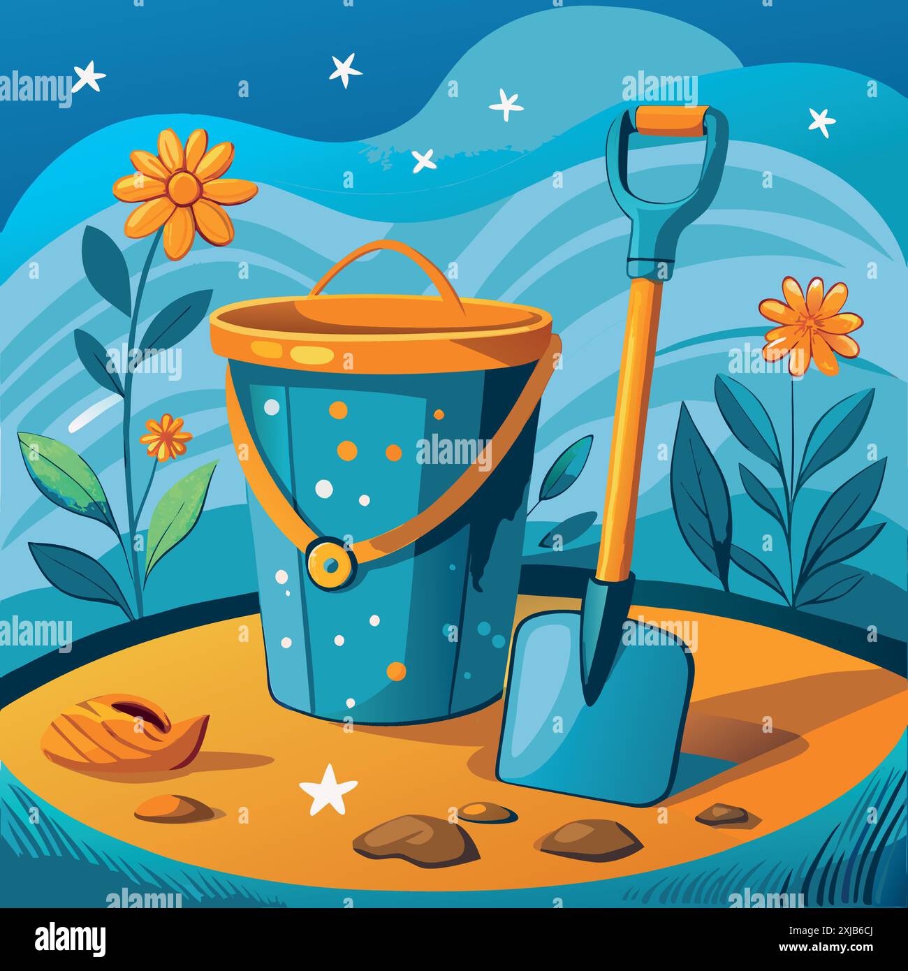 Children's beach bucket and shovel, set against a backdrop of flowers