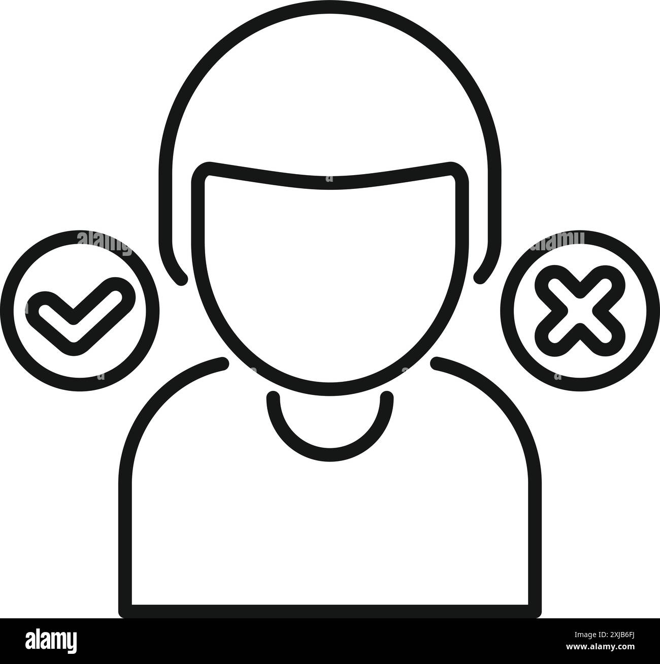 Line icon of a person deciding between a check mark and a cross mark, symbolizing a difficult choice Stock Vector