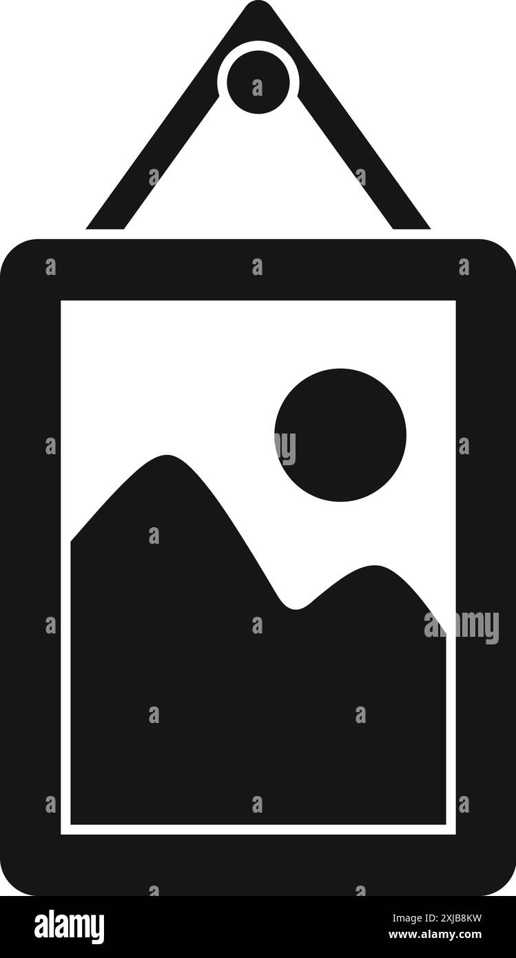 Simple black and white icon of a picture frame hanging on the wall ...