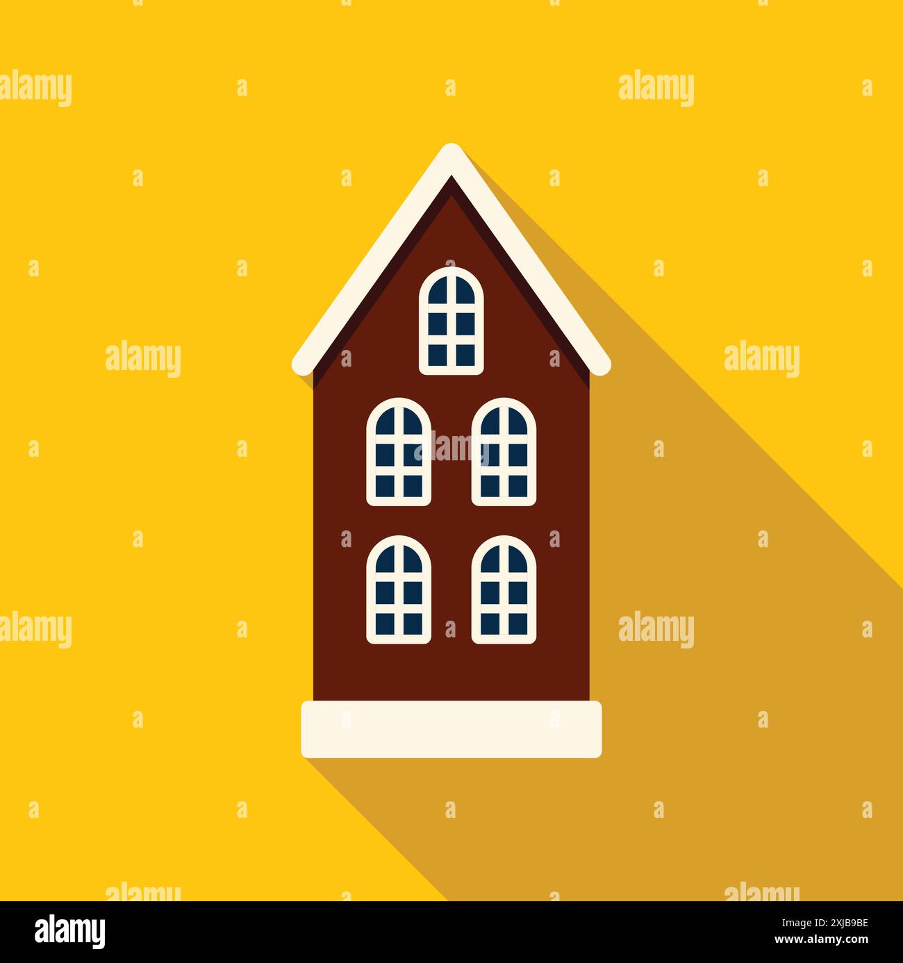 Brown gingerbread house is standing in front of a yellow background, casting a long shadow Stock Vector