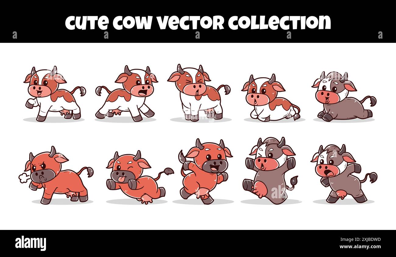 Set of cute cow expression vector illustration Stock Vector