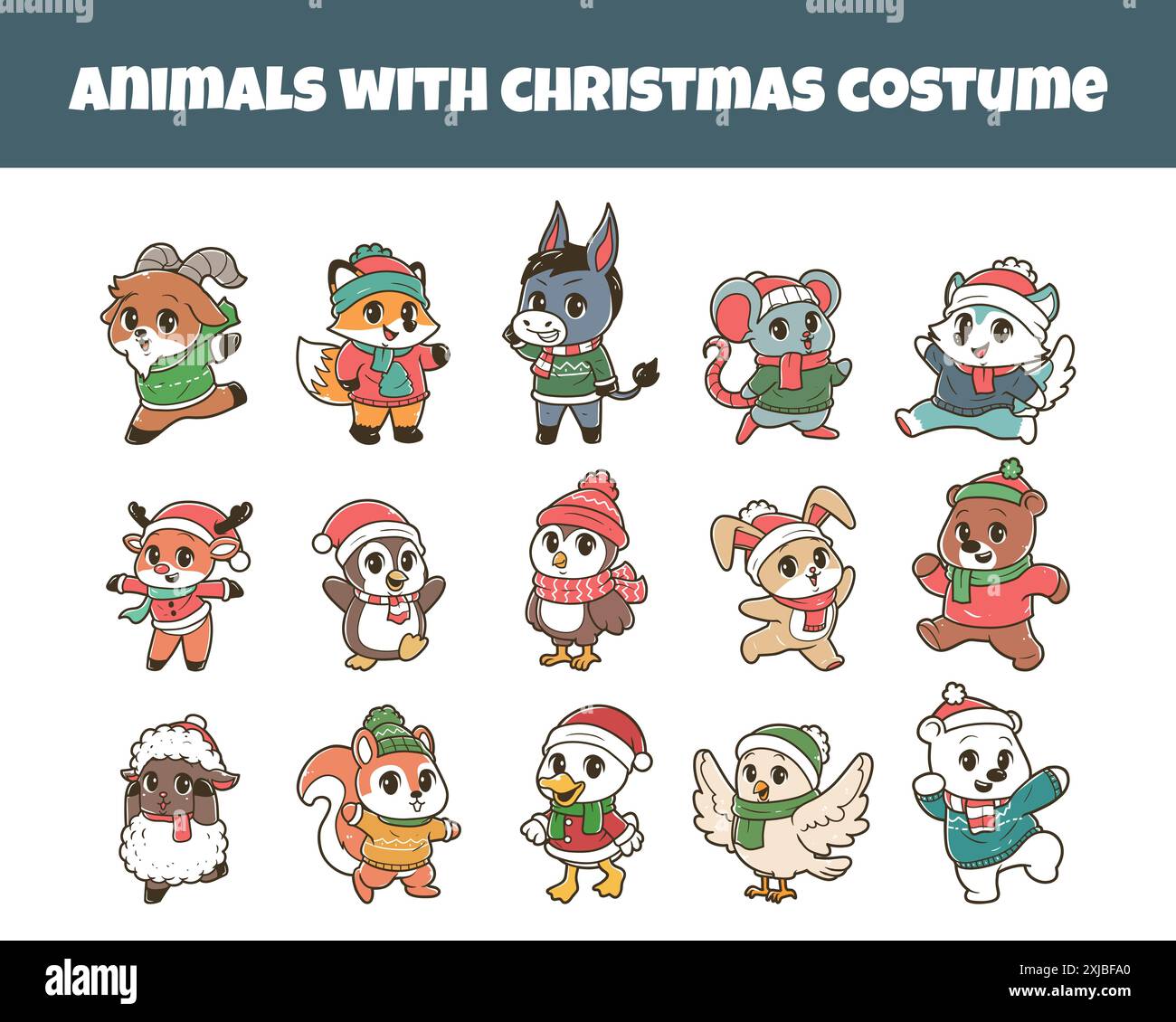 Animals set with christmas costume vector illustration Stock Vector