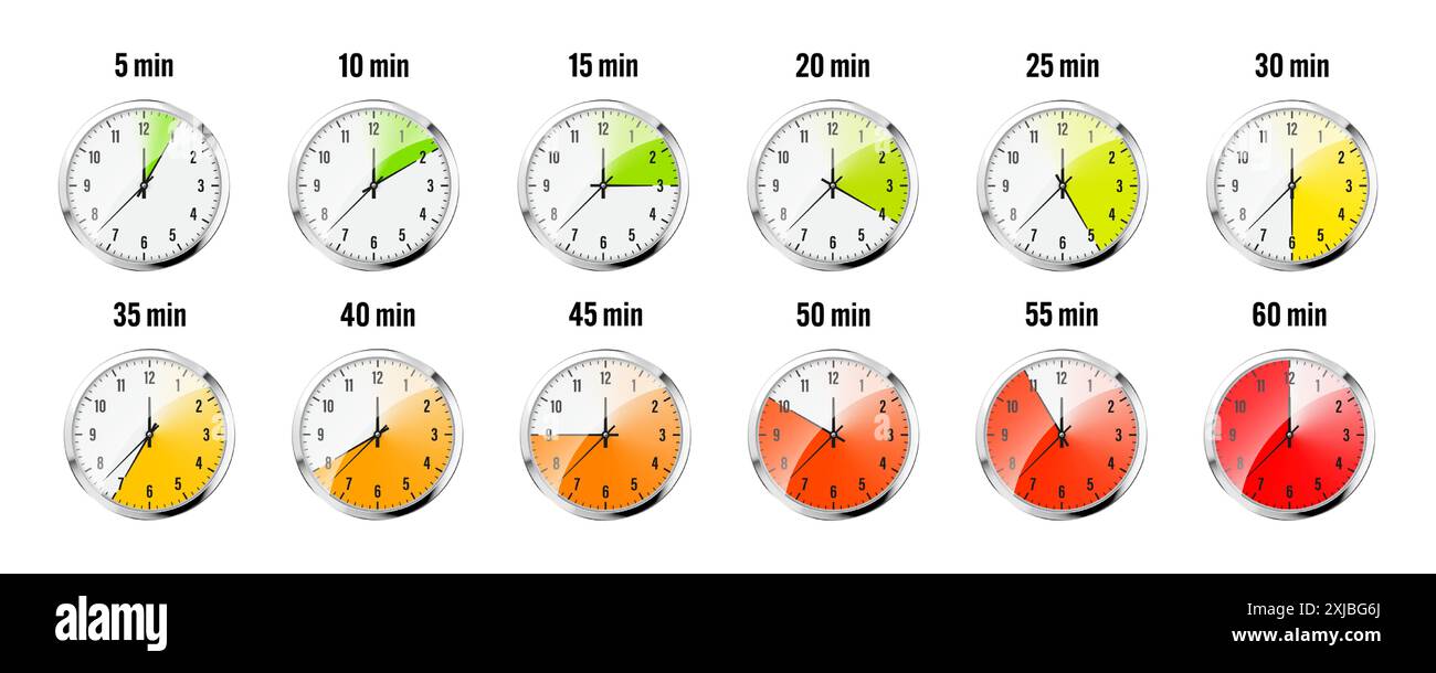 Wall clock, stopwatch icons. Shiny metal chronometer, time counter with ...