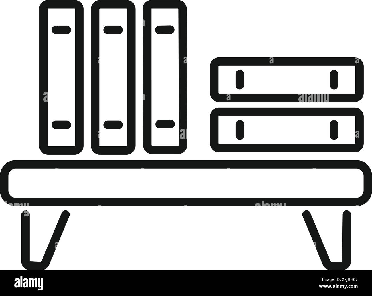 Black and white line drawing of a bookshelf holding books is standing against white background Stock Vector