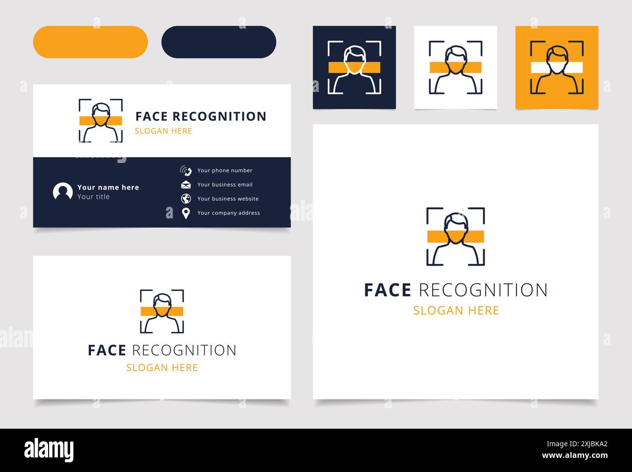Business card design featuring a face recognition system scanning a businessman face Stock Vector