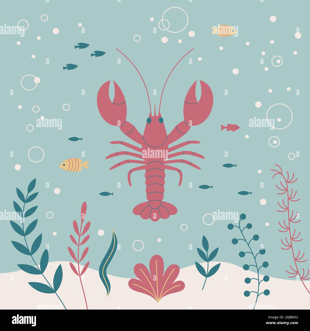 A flat art vector illustration featuring a pink lobster. Stock Vector