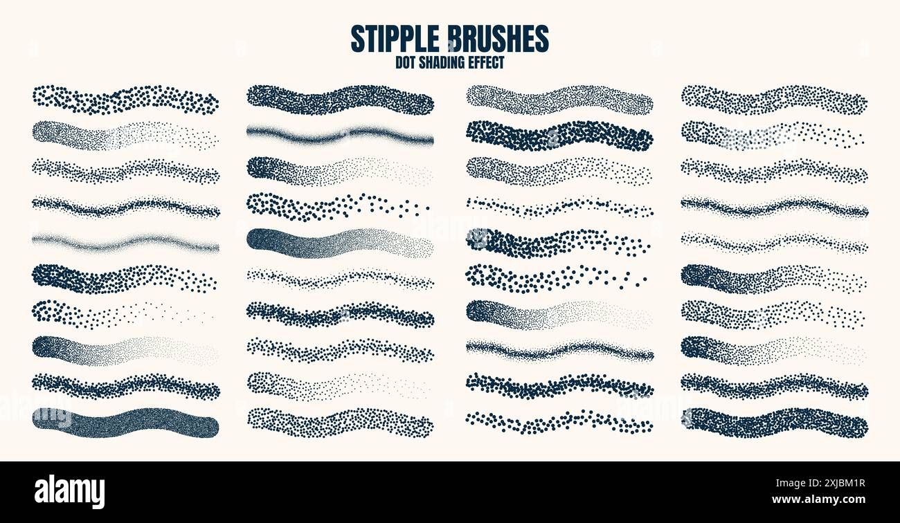 Stipple scatter brush, ink drawing and texturing. Fading gradient. Stippling, dotwork drawing, shading using dots. Halftone disintegration effect Stock Vector