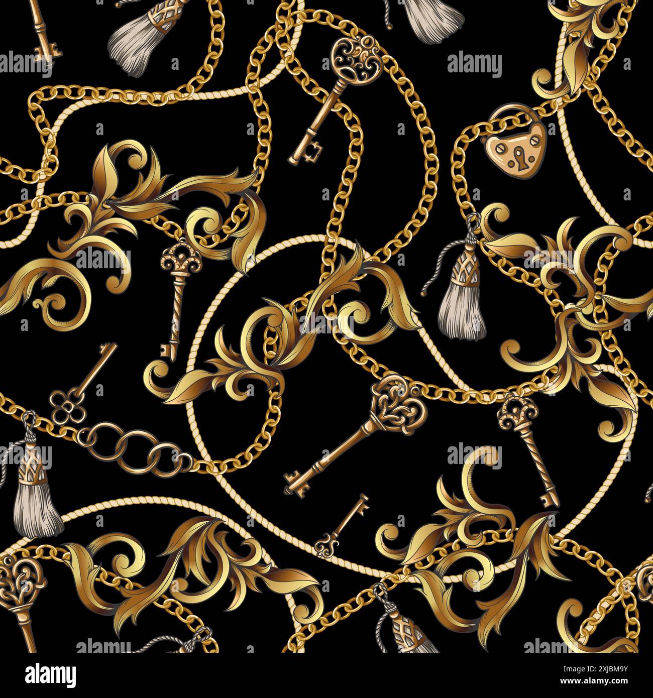 Seamless pattern with keys and baroque elements . Vector. Stock Vector