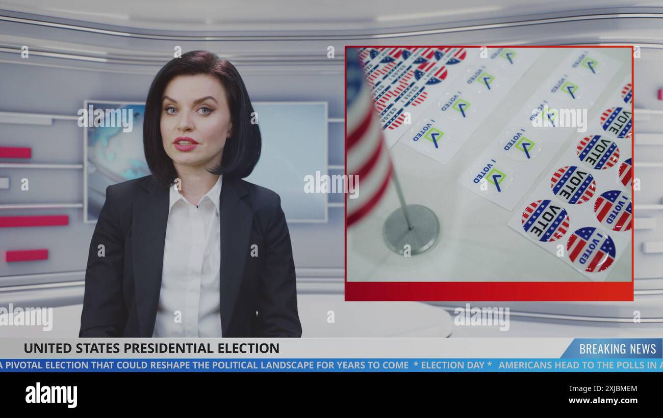 Female anchor in news studio reports live news about Presidential Election Day in the United States. Video story shows highlights from polling station. Playback of TV broadcast for political program. Stock Photo