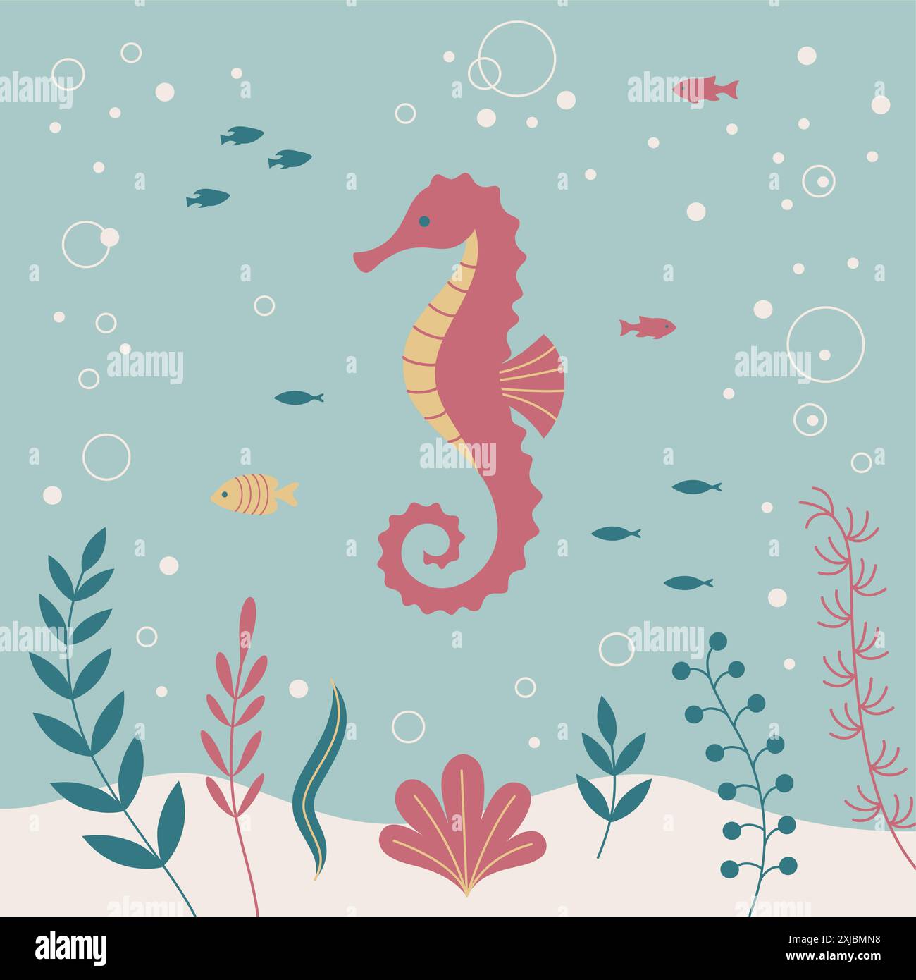 A flat art vector illustration featuring a sea horse. Stock Vector