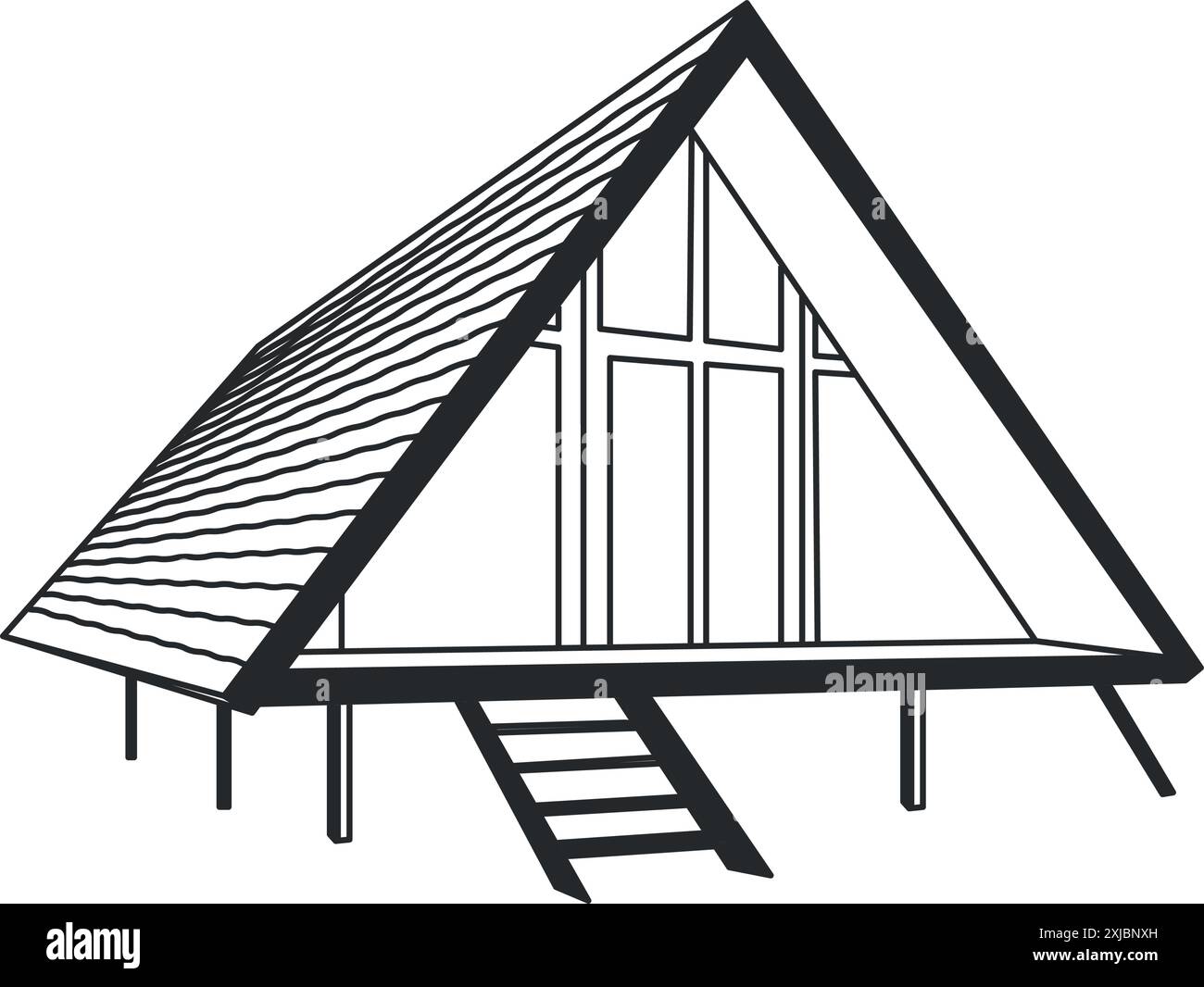 A-frame house. Doodle line icon of tiny cozy home in the woods. Isolated vector illustration. Outline drawing. Stock Vector