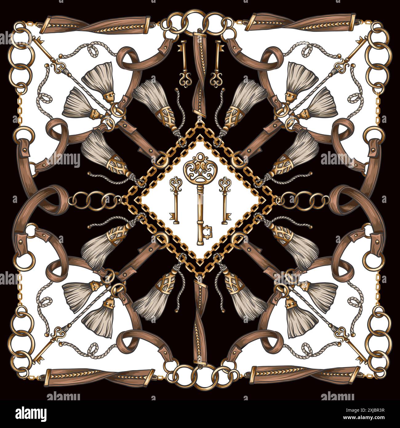 Design scarf with keys, belts and chain. Vector. Stock Vector