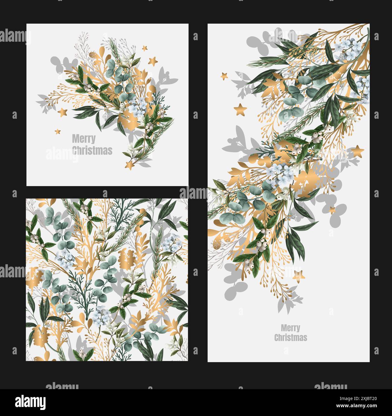 Christmas card with green botanical and gold elements. Vector Stock ...