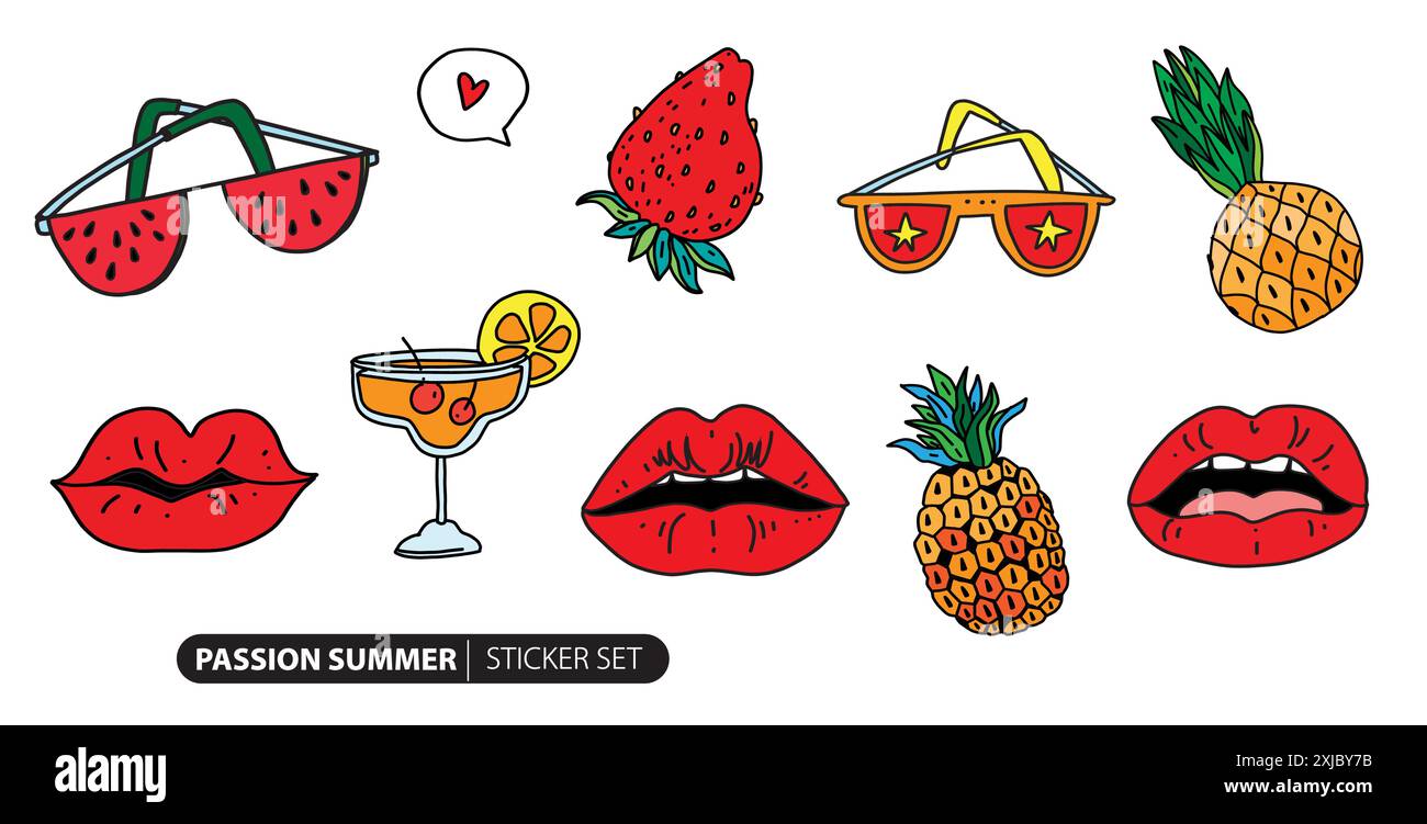 Red Lips Funny Set. Vibrant Juicy Red lips, Summer fruits and Sunglasses. Summer elements collection in doodle cartoon. Vector illustration of sticker Stock Vector