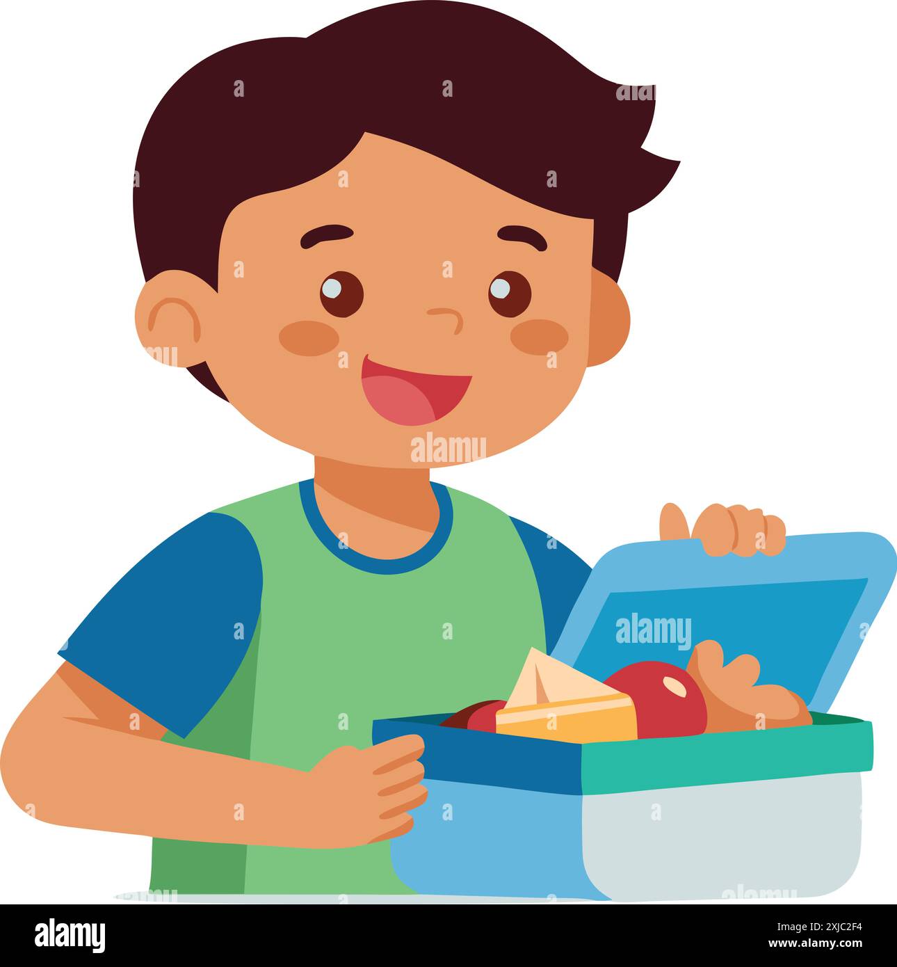 A happy boy holding a lunchbox with healthy snacks and smiling. Concept of healthy eating, childhood happiness, and school lunch. Stock Vector