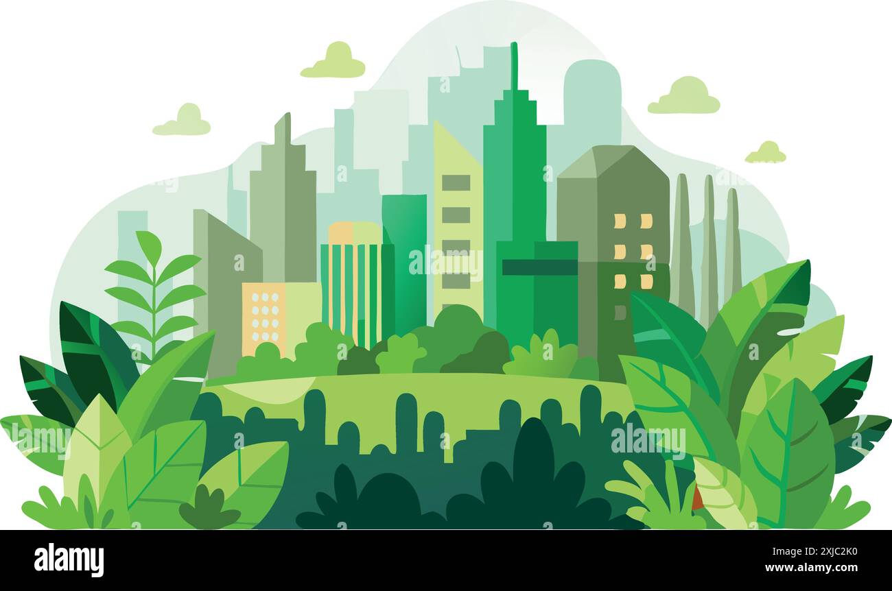 Curated visual reference: Visual Reference: Illustration Of An Eco Friendly Modern Cityscape With Tall Buildings