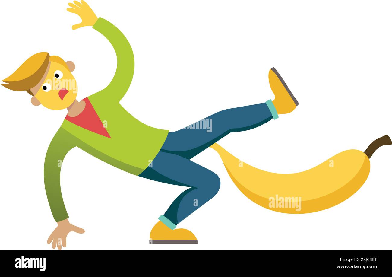 Cartoon illustration of a man slipping on a banana peel, depicting a