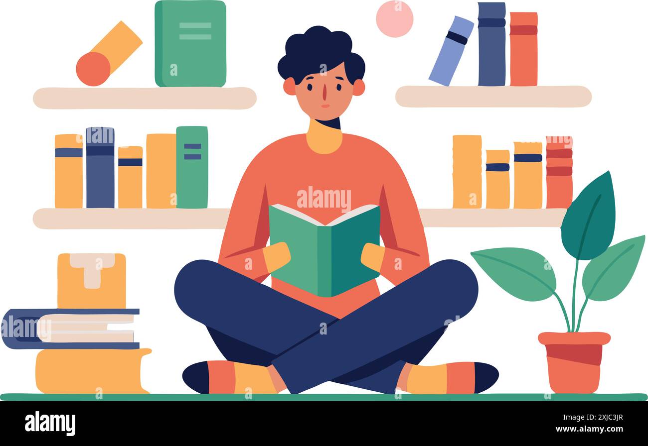 Colorful illustration of a person sitting cross-legged and reading a book amidst organized bookstore shelves with books and a potted plant. Stock Vector