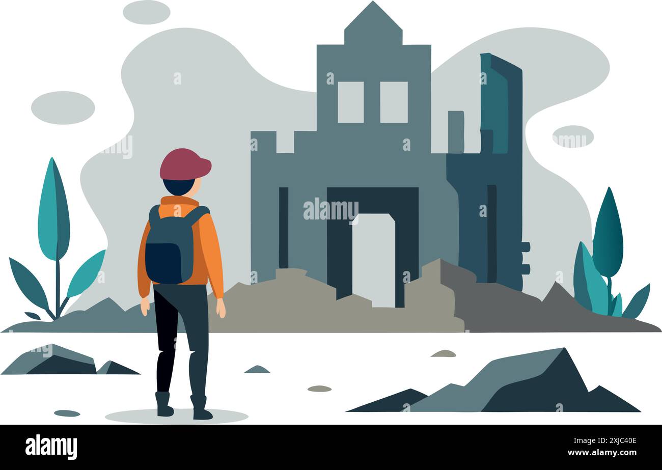 Vector art depicting a lone traveler with a backpack discovering ancient ruins surrounded by nature. Stock Vector