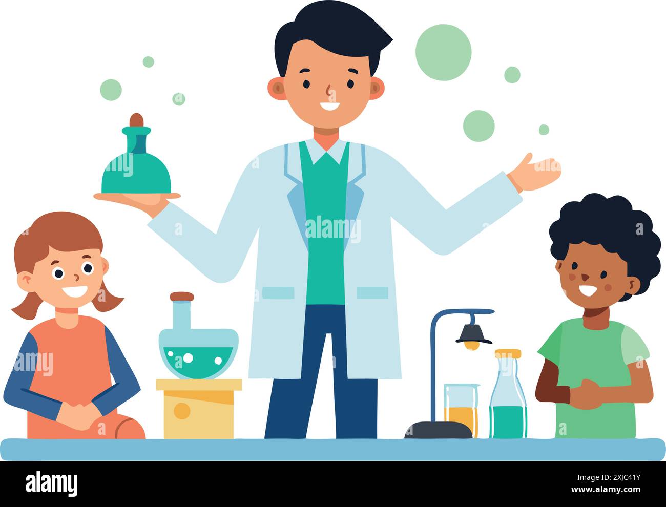 Science teacher demonstrating a fun experiment to excited students. Learning and education concepts in a classroom setting with children. Stock Vector