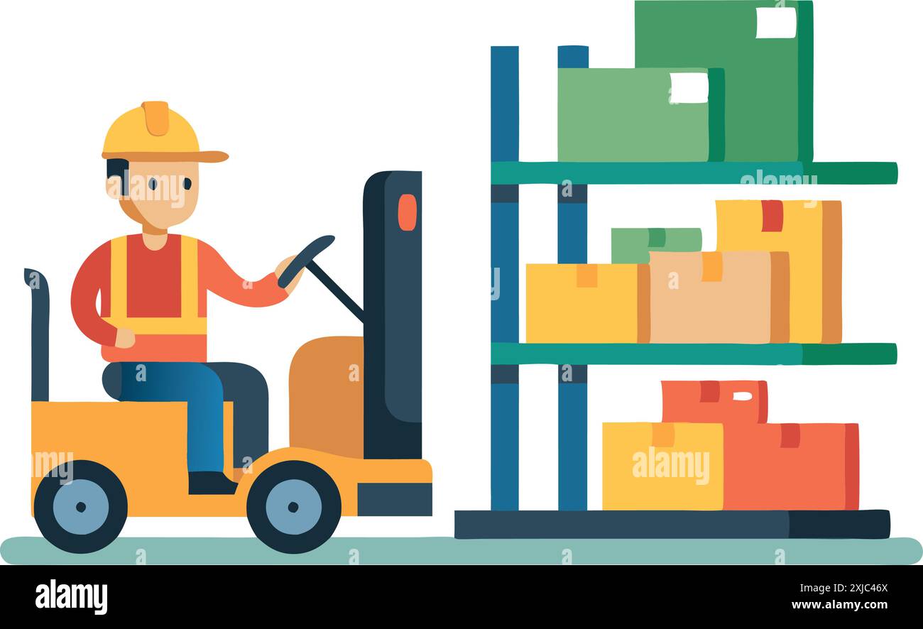 Illustration of a warehouse worker using a forklift to organize boxes ...