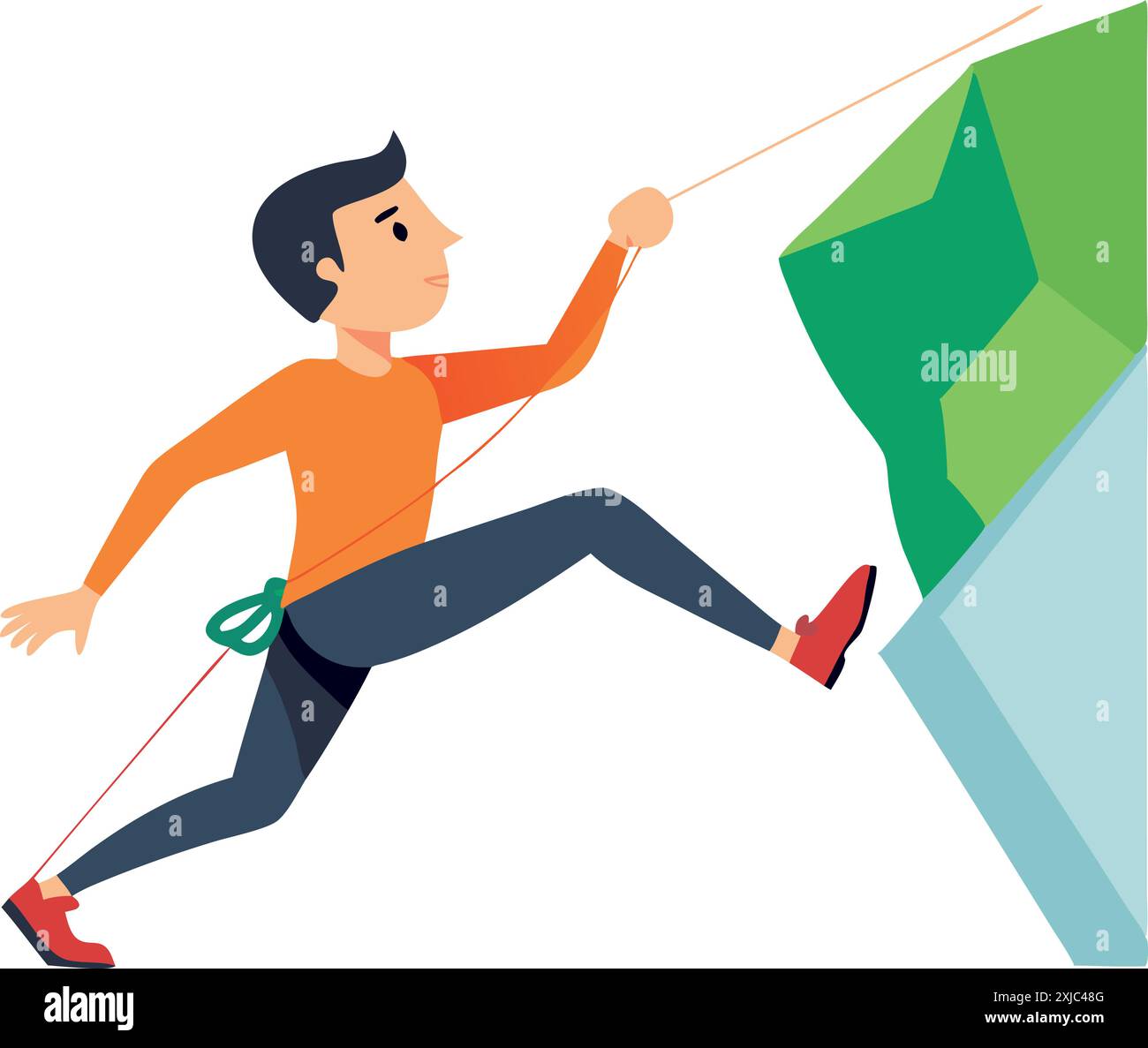 Vector illustration of a male climber ascending a steep rock face using a safety rope and