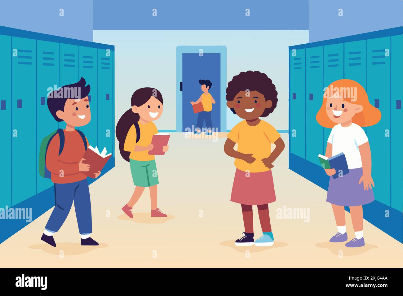 Diverse group of happy students chatting in a school hallway with ...