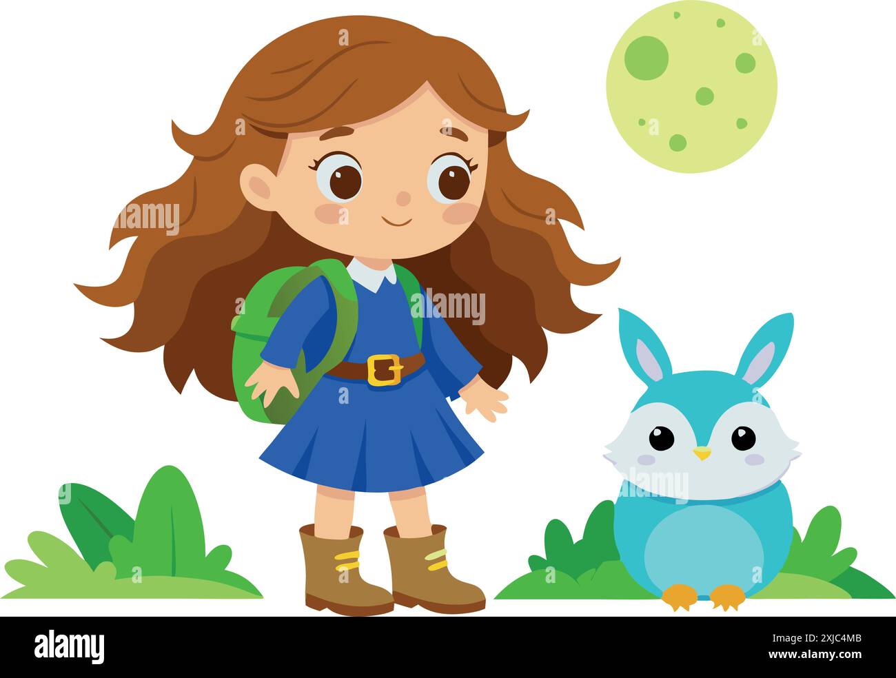 Illustration of a cute girl with a backpack and a rabbit under the moon, standing on grassy terrain. Ideal for children's stories and education. Stock Vector