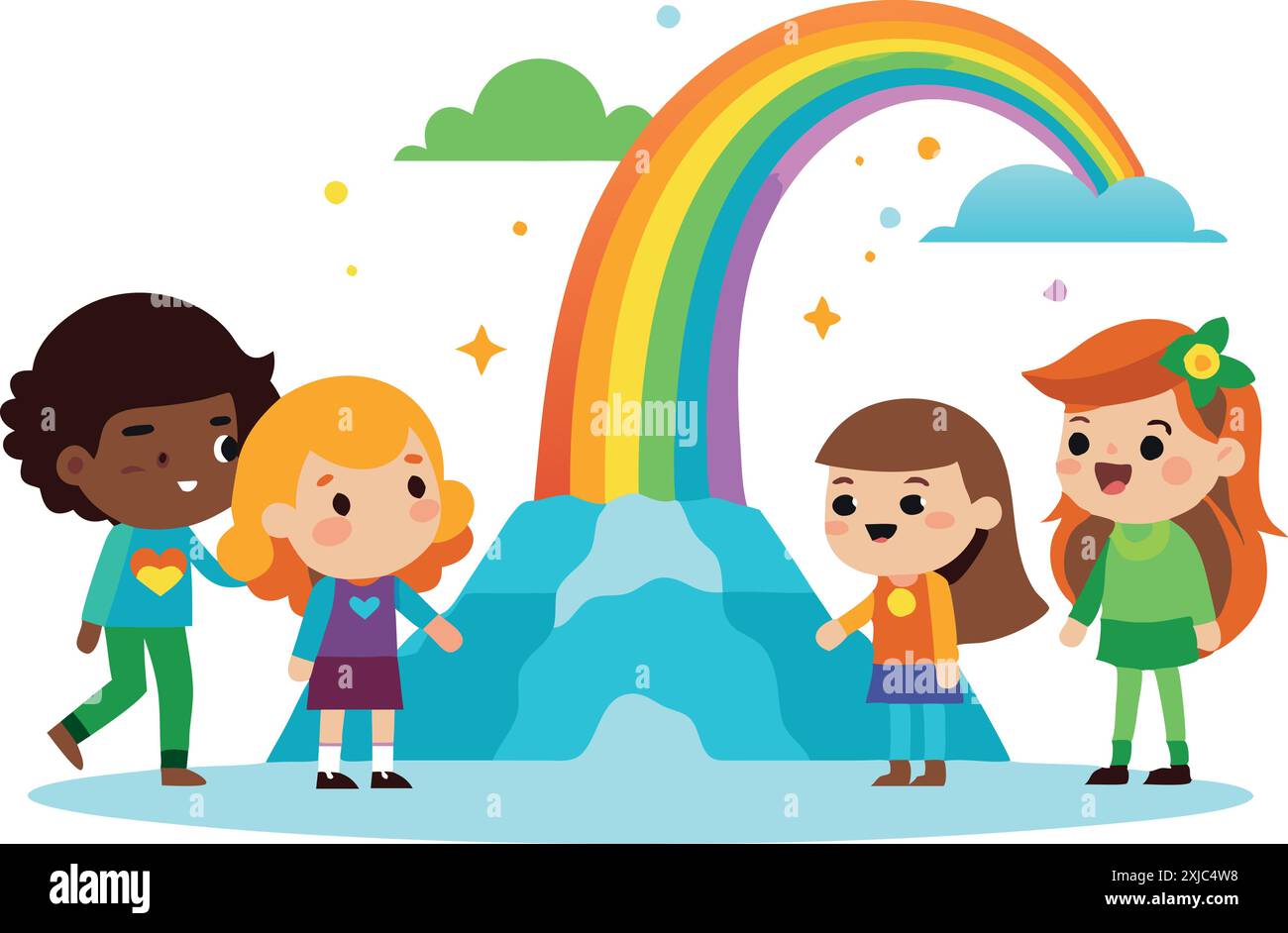 Colorful illustration of joyful children playing under a rainbow in a ...