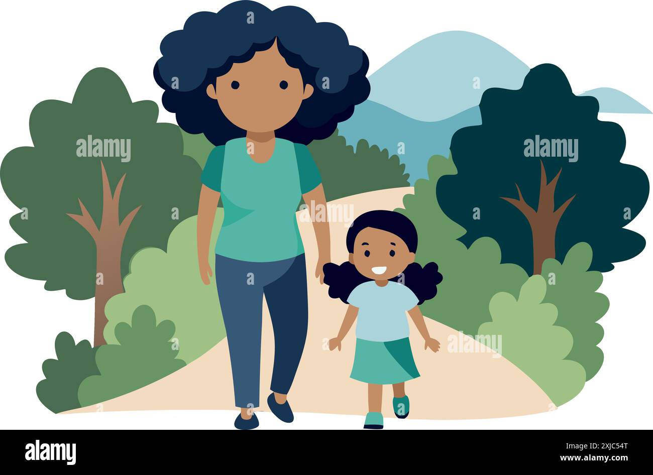 Illustration of a mother and daughter enjoying a walk on a forest path surrounded by lush greenery and mountains. Stock Vector